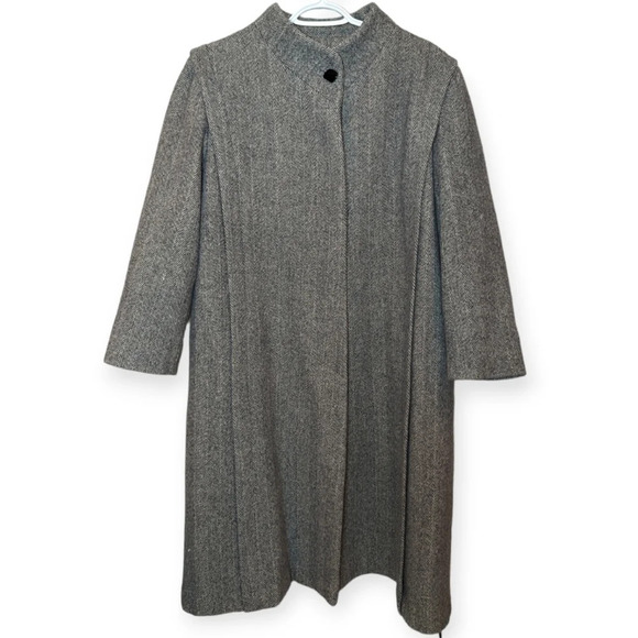 Vintage Wool Black  & White Herringbone Long Trench Coat Jacket - LG/XL - Picture 1 of 10